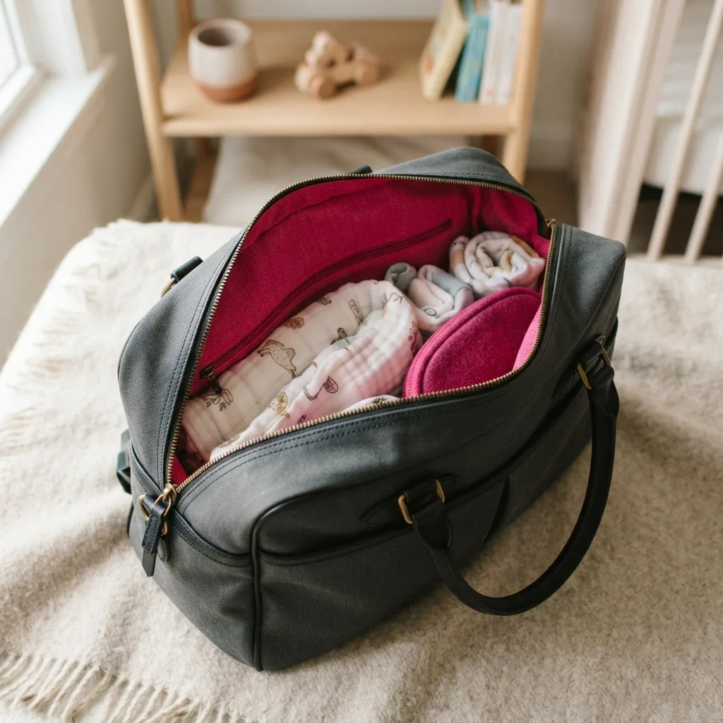 Grey and black Coach diaper bag with pink interior shown open.