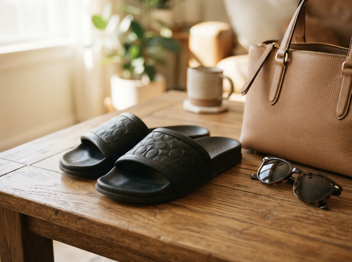 Coach Udele Sport Slides placed next to a stylish accessory, suggesting their role in a curated wardrobe.