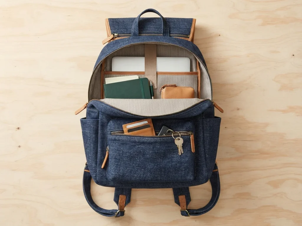 Coach Taylor Signature Denim Backpack feature overview with pockets and closure.