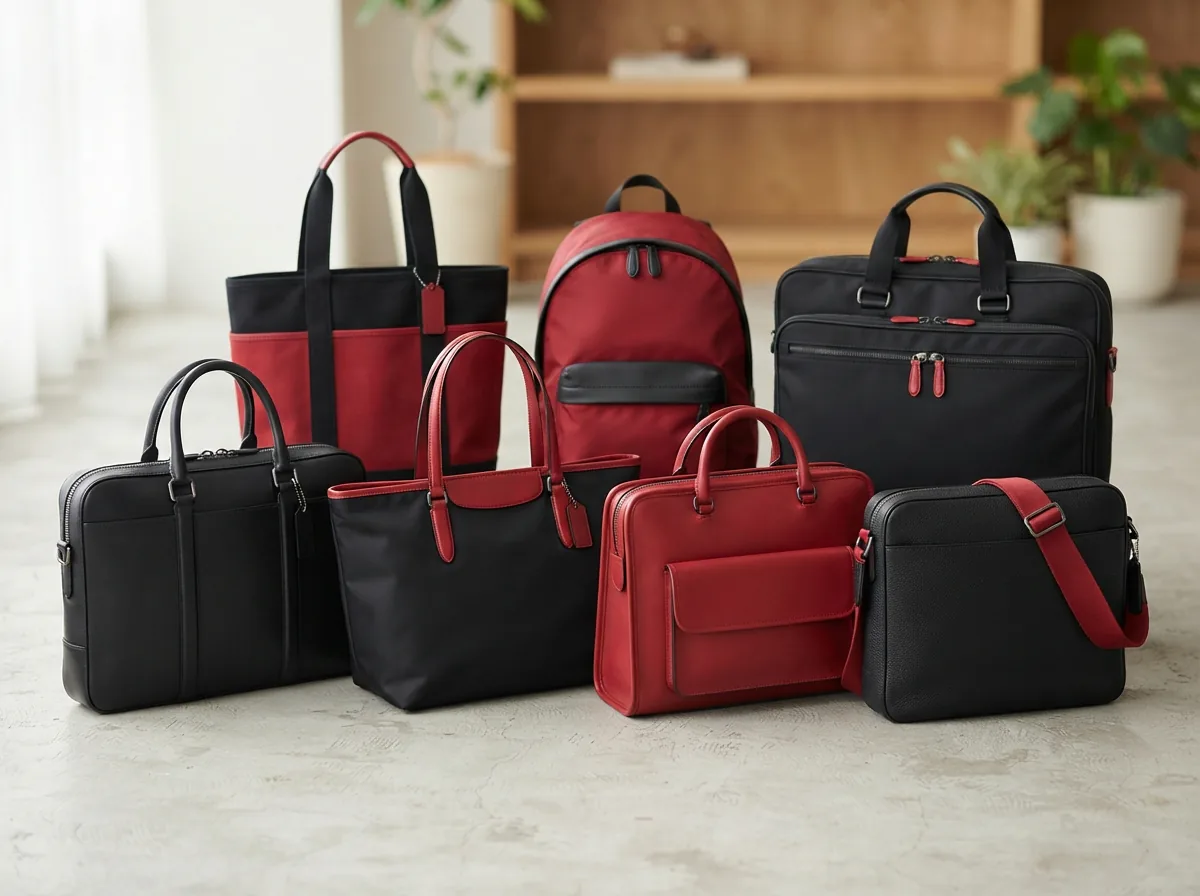 A practical comparison scene showing different black and red Coach laptop bags side by side, illustrating various styles and features.