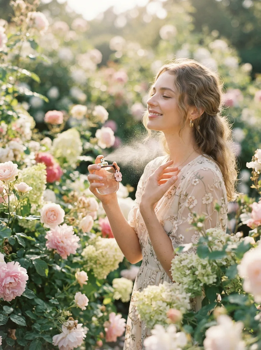 A woman applying Coach Floral perfume, surrounded by soft floral notes.