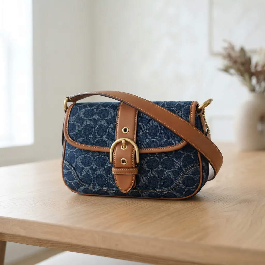 Coach Denim Signature Belted Ergo Small Shoulder Bag shown from a side angle, showcasing the belted strap and compact shape.