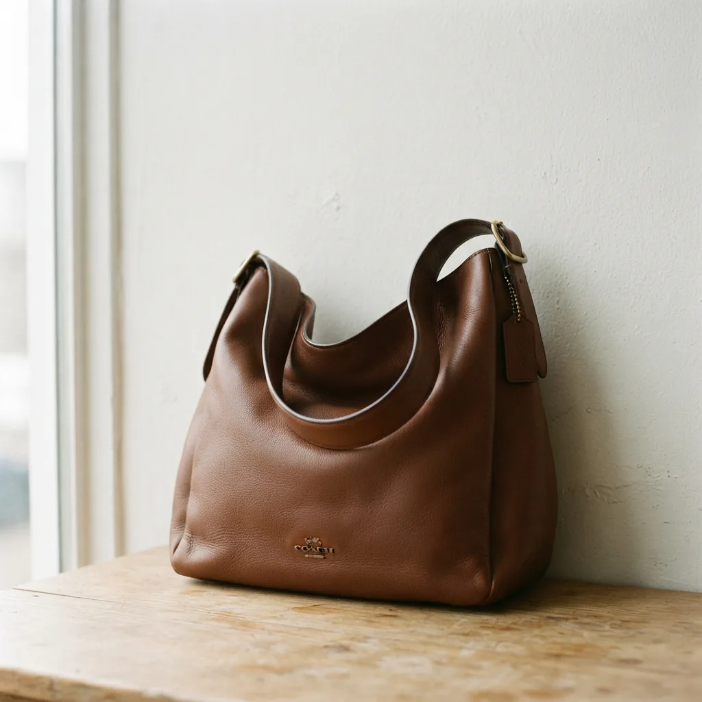 Coach Brooklyn Shoulder Bag 28 in brown leather with engraved logo detail.