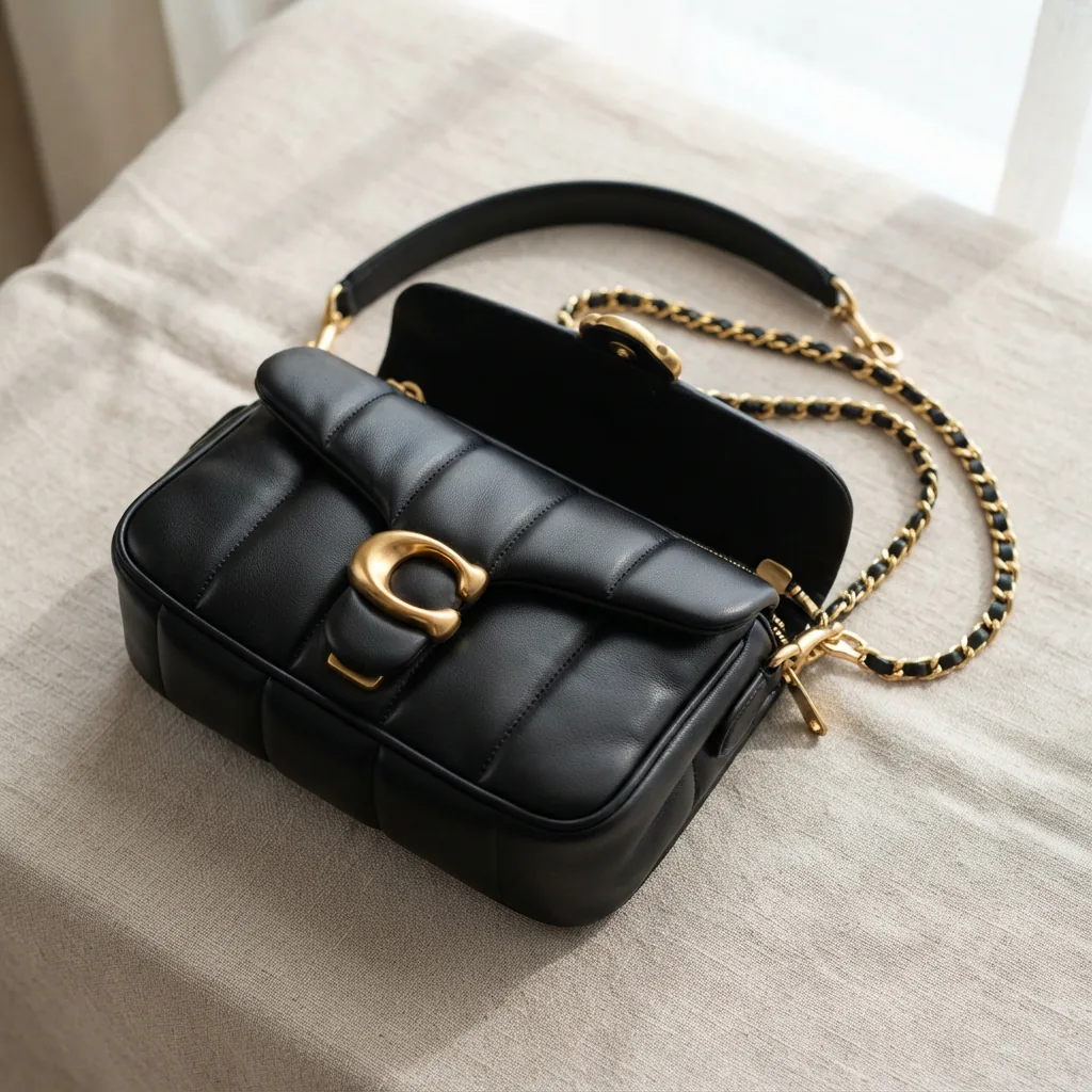 Tabby Shoulder Bag 20 with pillow quilting in black leather, chain detail visible, shown in a product shot.