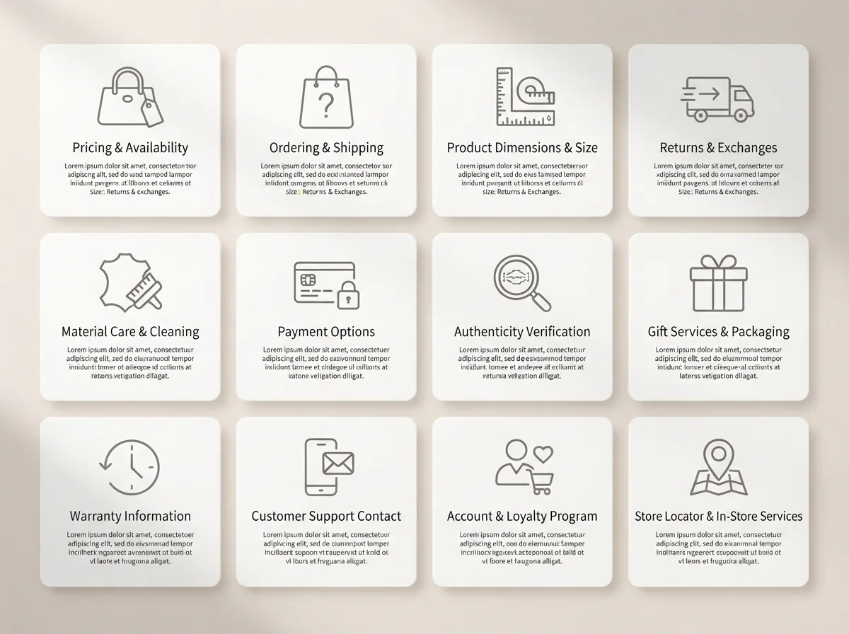 FAQ section layout with icons for questions about pink Coach bags.