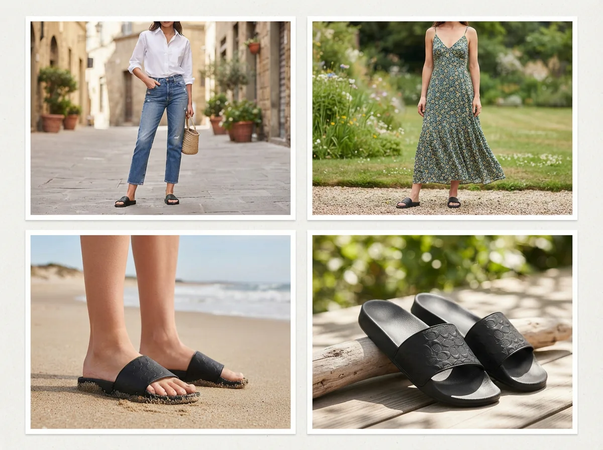 Coach Udele Sport Slides styled with various outfits in a lifestyle setting, demonstrating versatility.