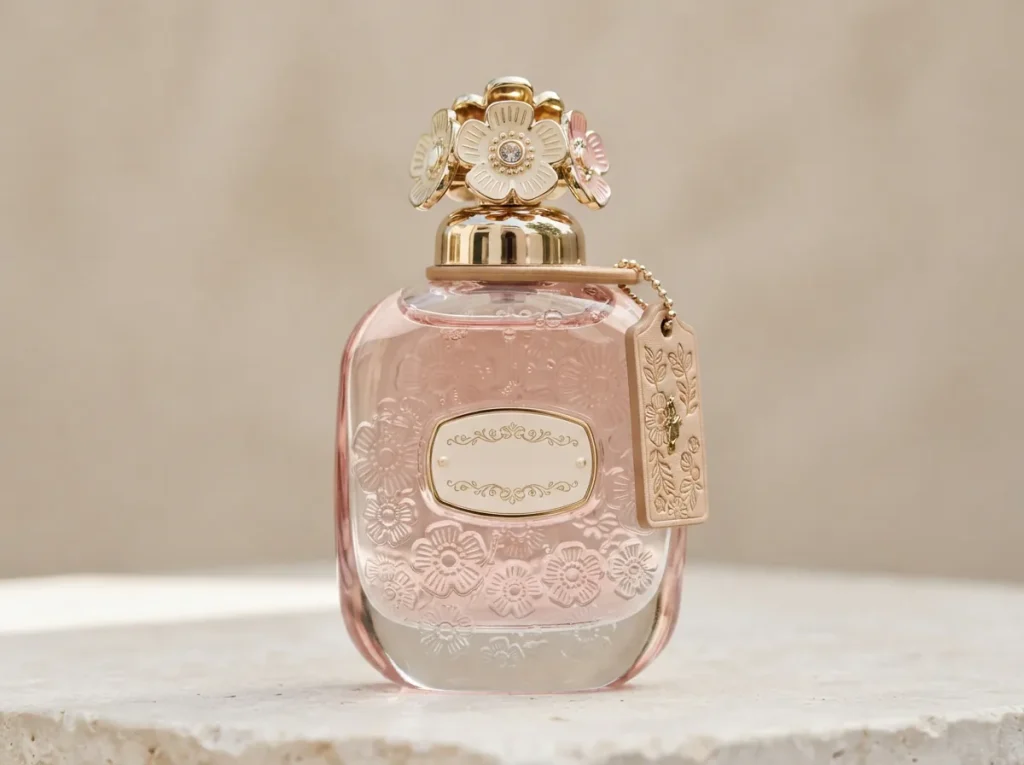Close-up of Coach Floral perfume bottle highlighting its design details.
