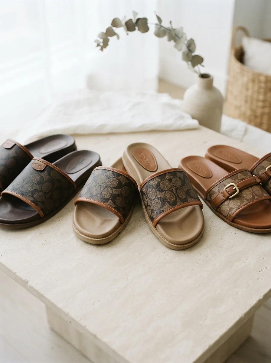 An assortment of Coach slides displayed on a clean background, showcasing signature patterns and materials.