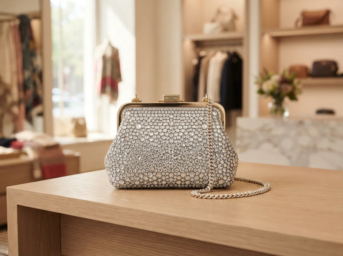 A supportive image for FAQs, showing a Coach crystal bag with a magnifying glass highlighting crystal details on a clean background.