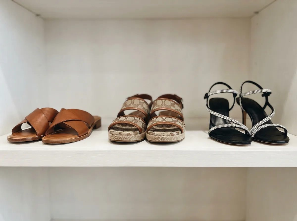 A side-by-side comparison of Coach sandals in leather, satin, and embellished styles on a display shelf.
