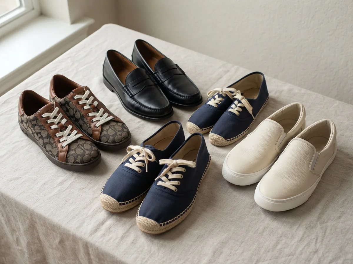 Coach shoes displayed with varied materials and designs, highlighting craftsmanship details like stitching and patterns.