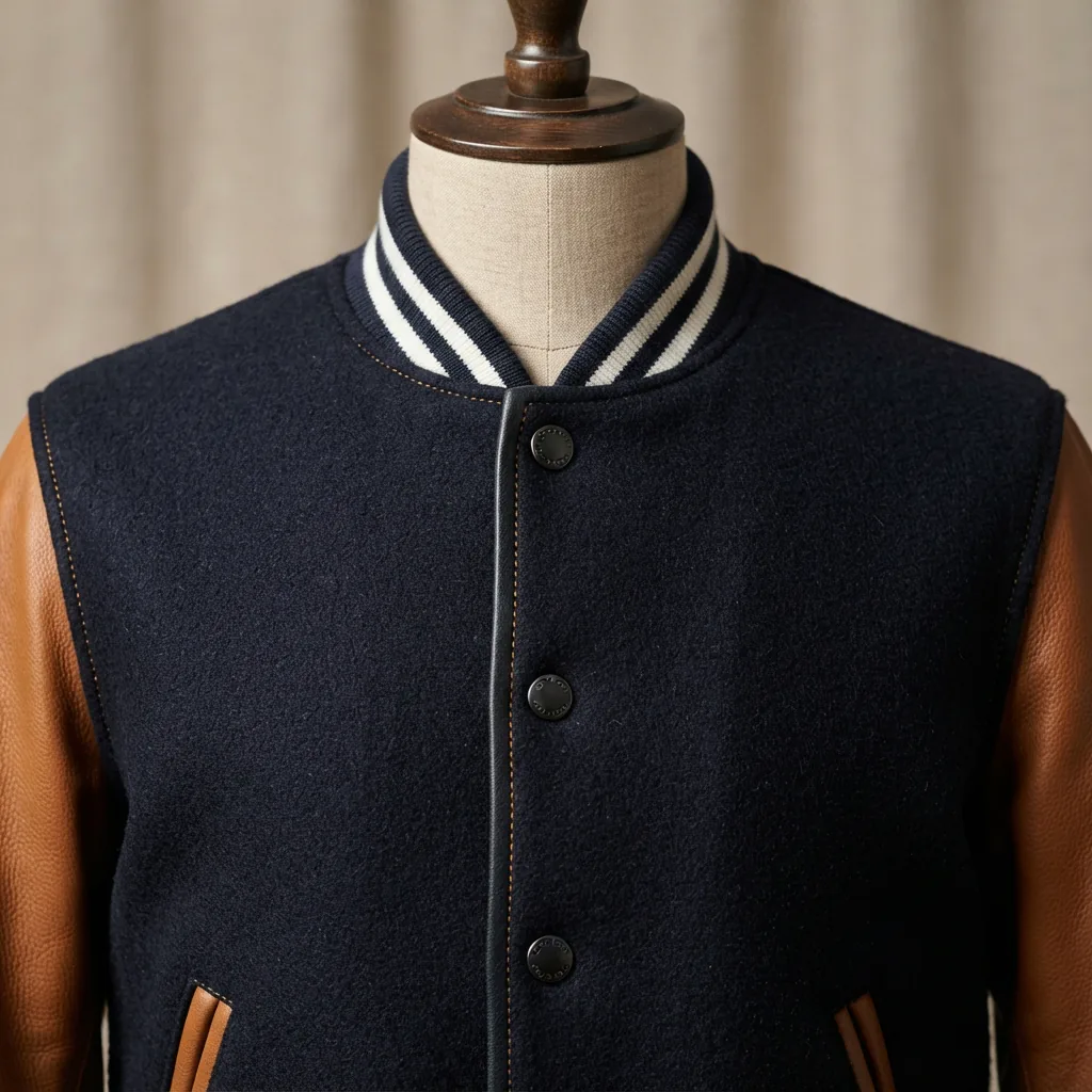 A close-up of the Heritage Wool Varsity Jacket from Coach, showcasing its meticulous construction and design.