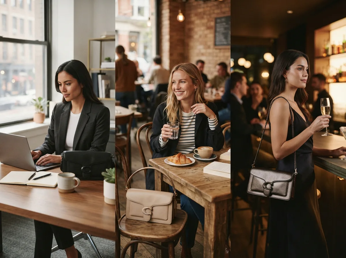 Scene depicting various use cases for the Tabby Shoulder Bag 26 in different settings.