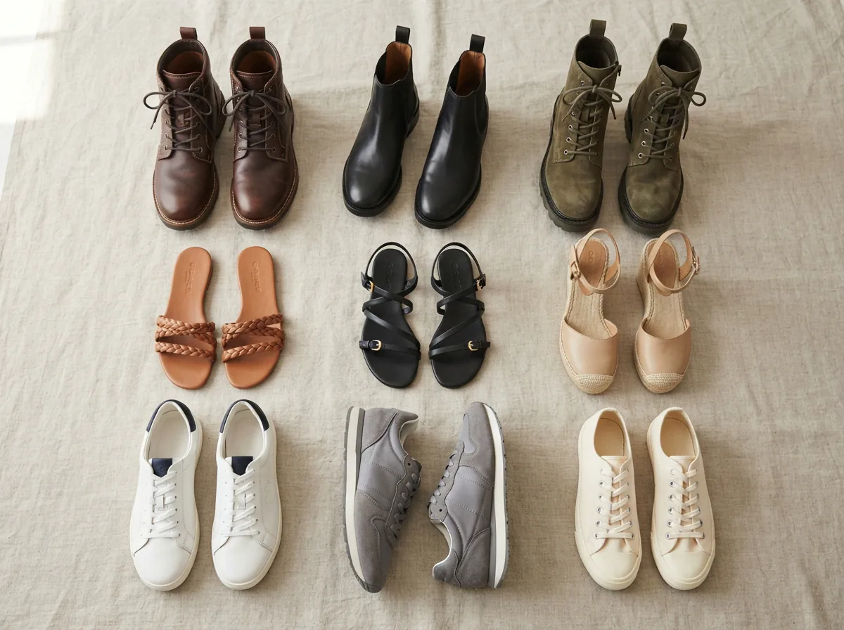 A collection of Coach shoes representing different subtypes, including sneakers, sandals, and boots.