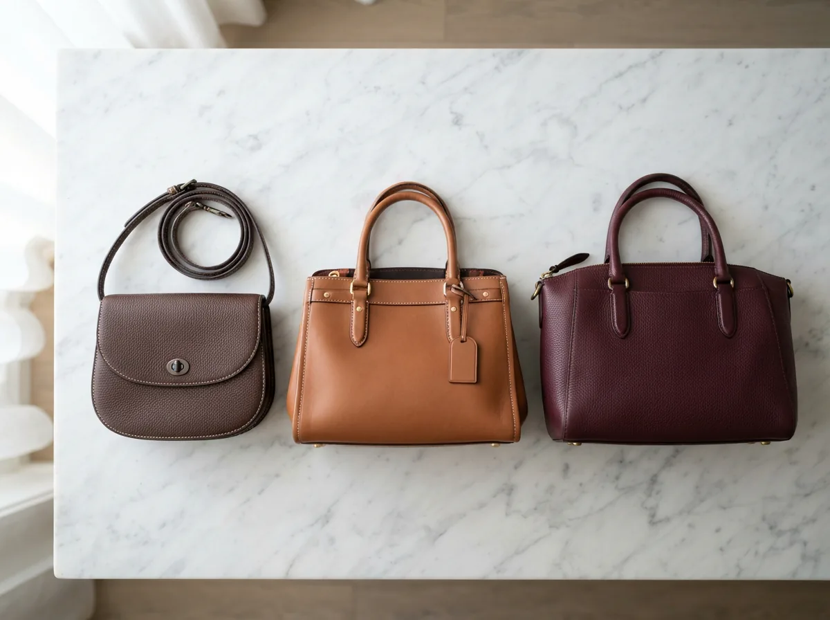 A curated display of Coach purses in various styles and materials