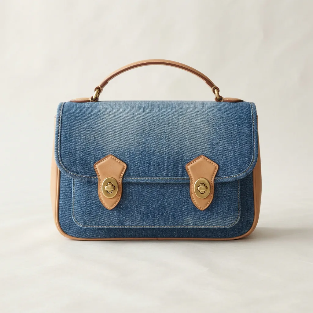 Coach Waverly Loved Denim Twin Turnlock Shoulder Bag displayed on a neutral background, highlighting the denim texture and turnlock details.