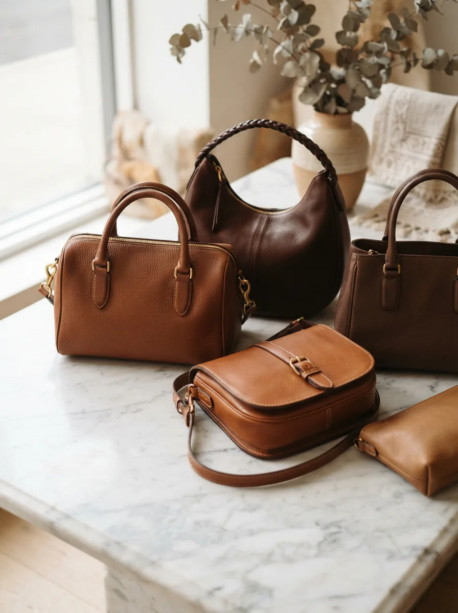 Coach purses displayed in a luxurious setting, showcasing leather craftsmanship and timeless design.