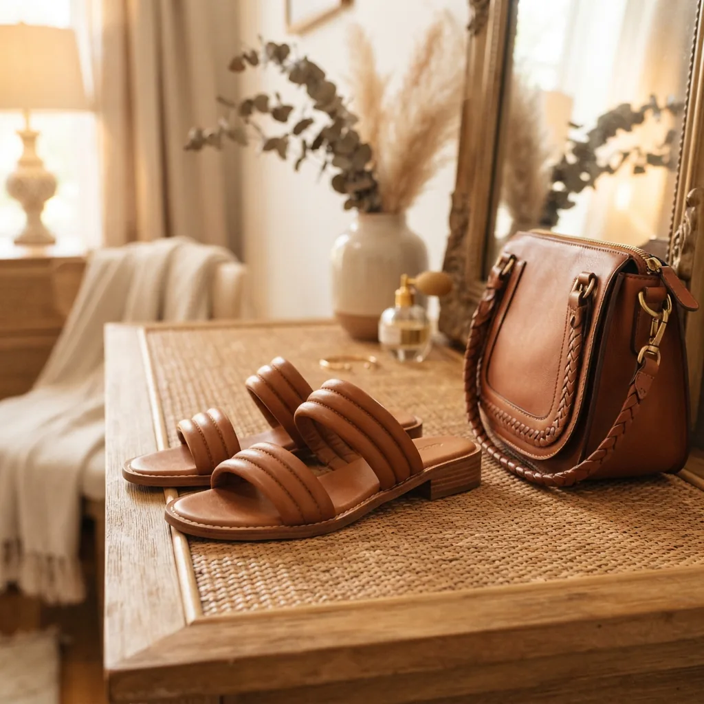 Women's Brynn slide sandals by Coach, positioned with a fashion accessory to suggest versatility.