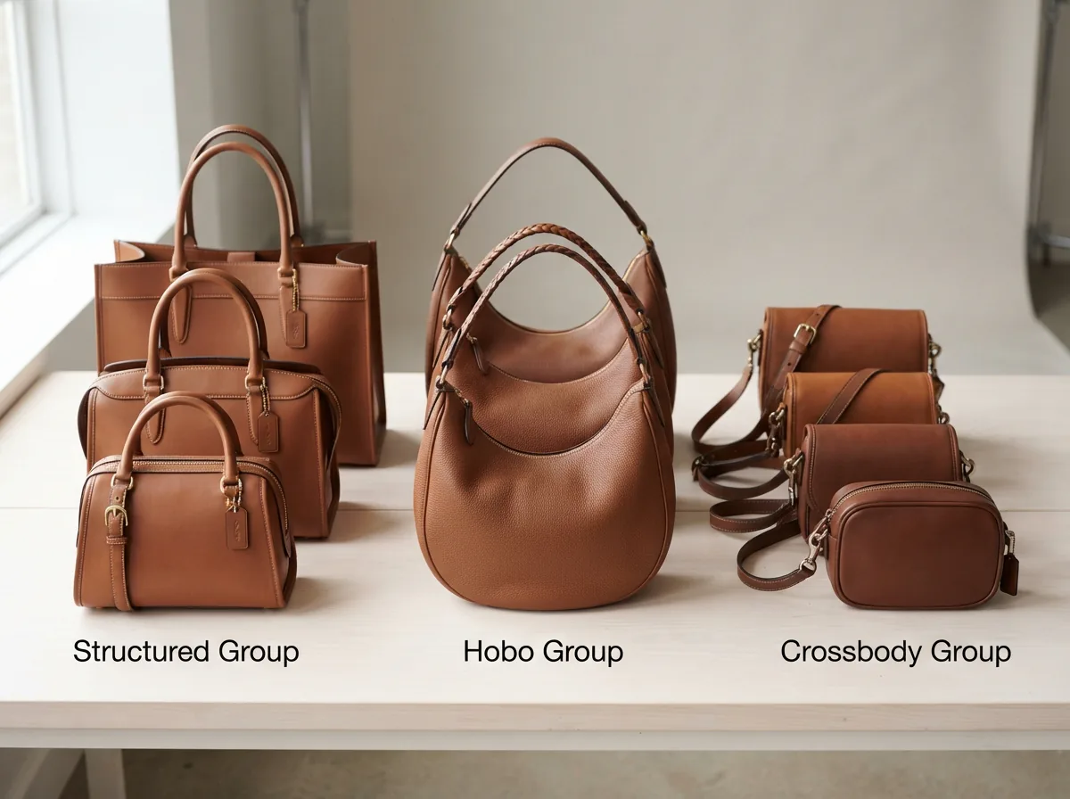 Array of Coach brown bags categorized by style.