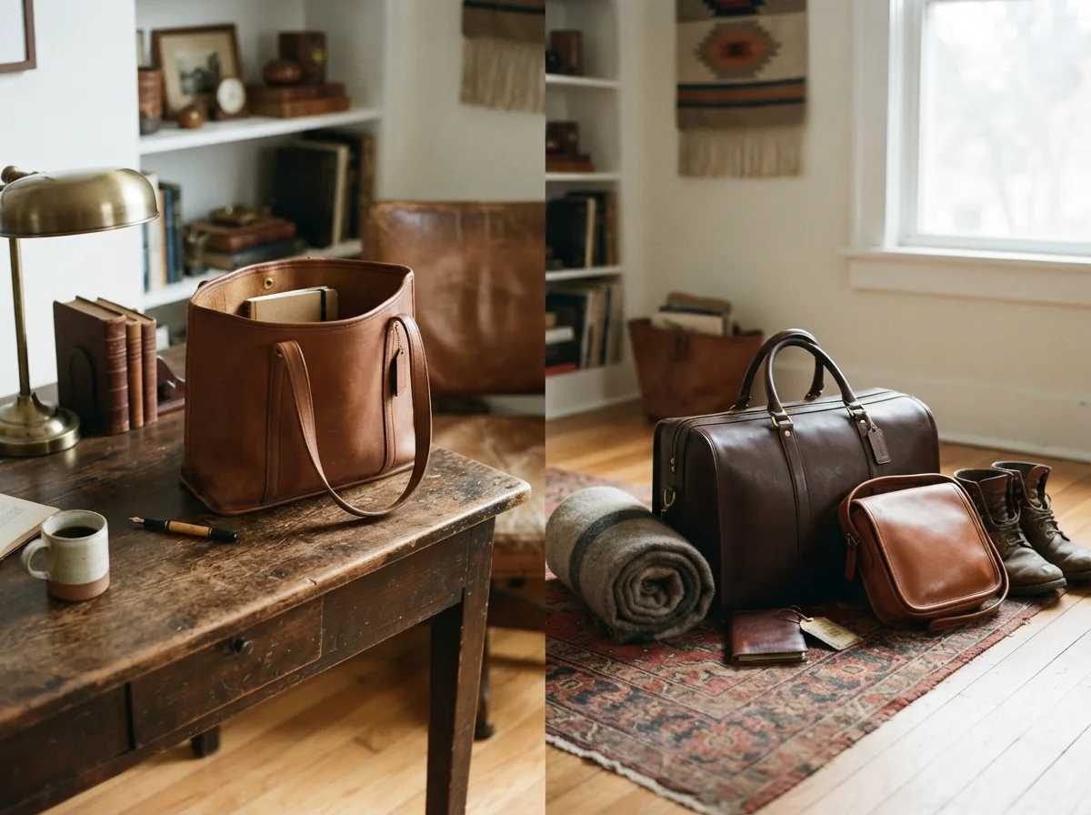 Vintage Coach bags in various use-case scenarios like work and travel settings