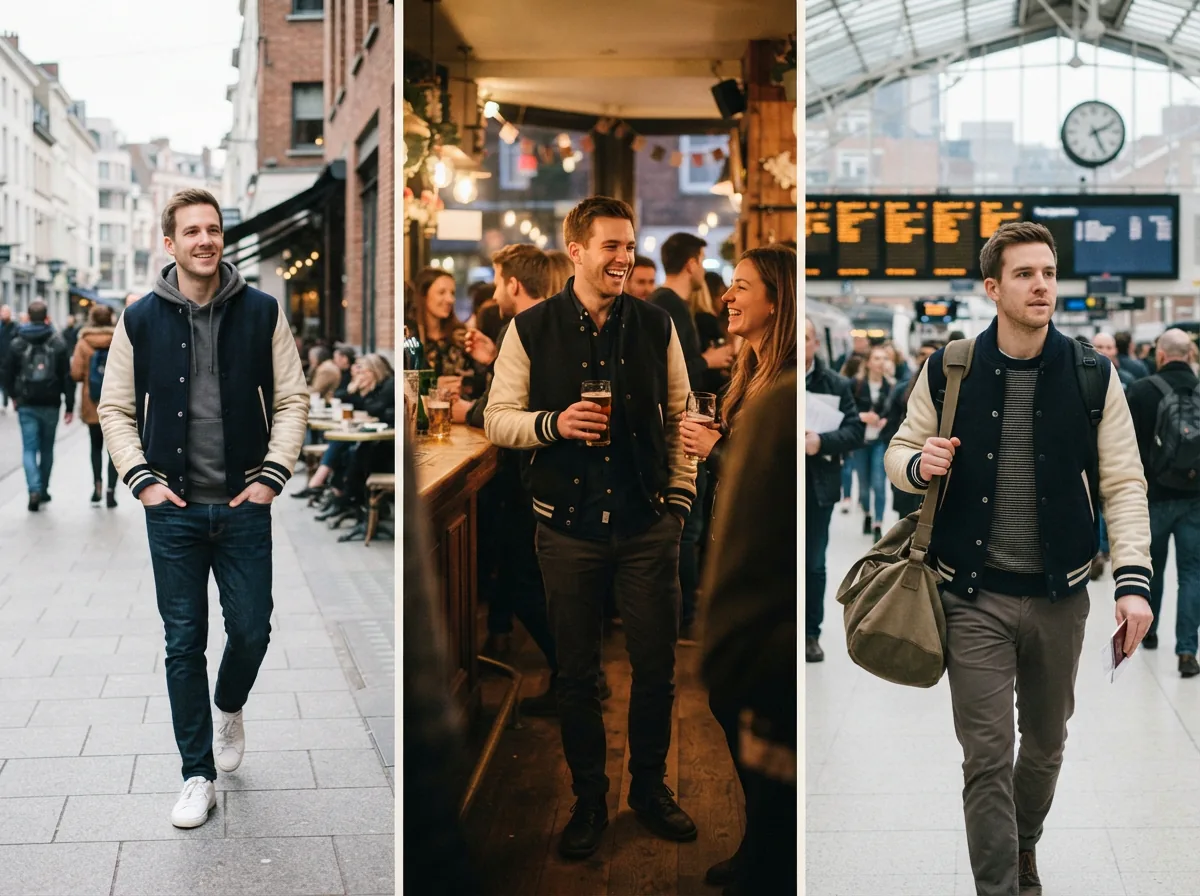 A collage of scenes showing wool varsity jackets being worn in different settings, representing various use cases.