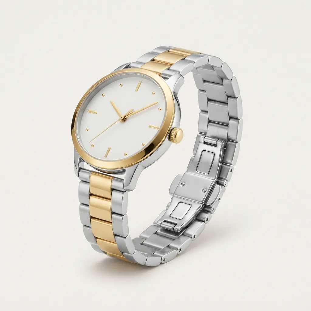 Coach Reese White Rectangular Dial Watch with Two-Tone Stainless Steel Bracelet on a neutral backdrop.