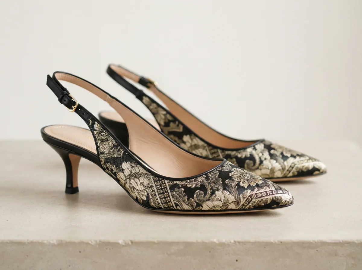 Margot Signature Sateen Jacquard Slingback Kitten Heel Pumps displayed to showcase the sateen finish and elegant slingback design.