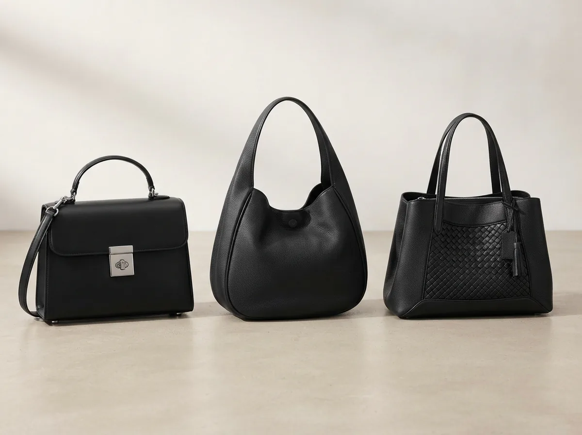 Comparison of Coach black handbag styles: structured, casual, and textured.