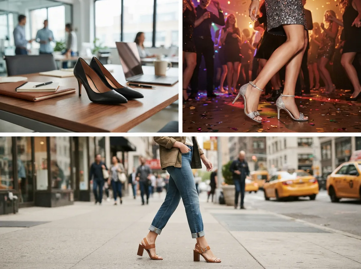 A collage of Coach heels in different settings, from office to evening events.