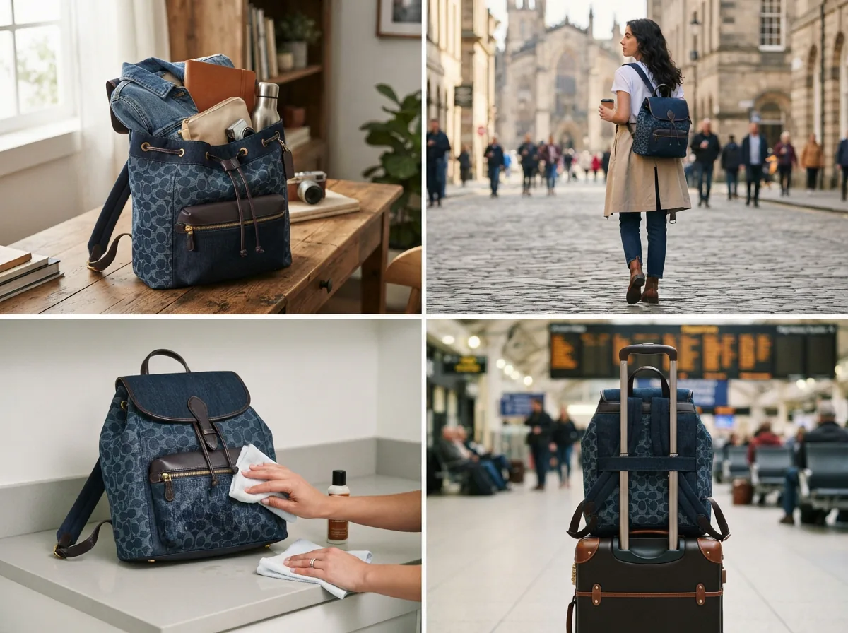 Coach Taylor Signature Denim Backpack being used in daily styling scenarios.