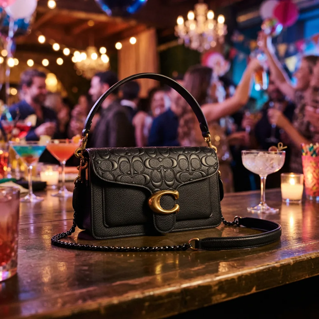 Tabby Shoulder Bag 20 in black embossed leather with metal accents.