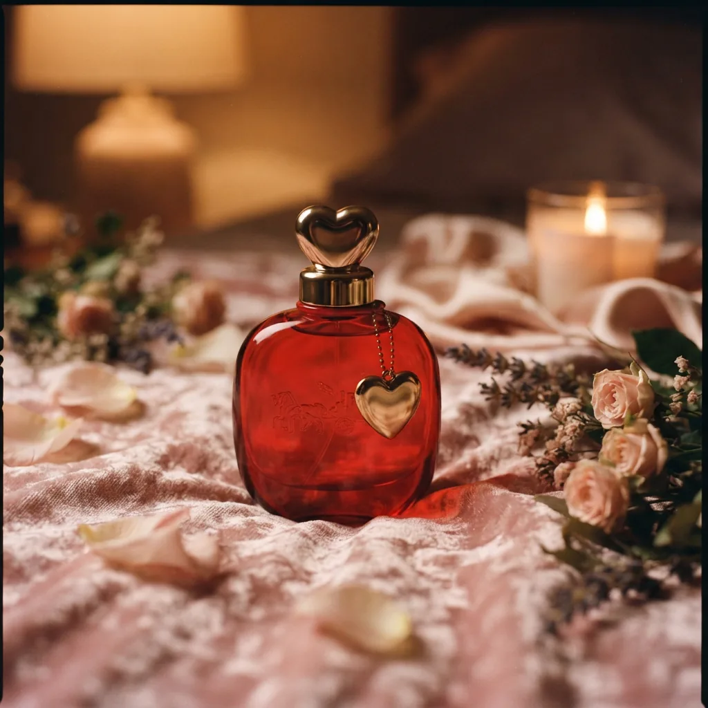 Coach Love Eau de Parfum bottle with heart-shaped details in a cozy, intimate setting.