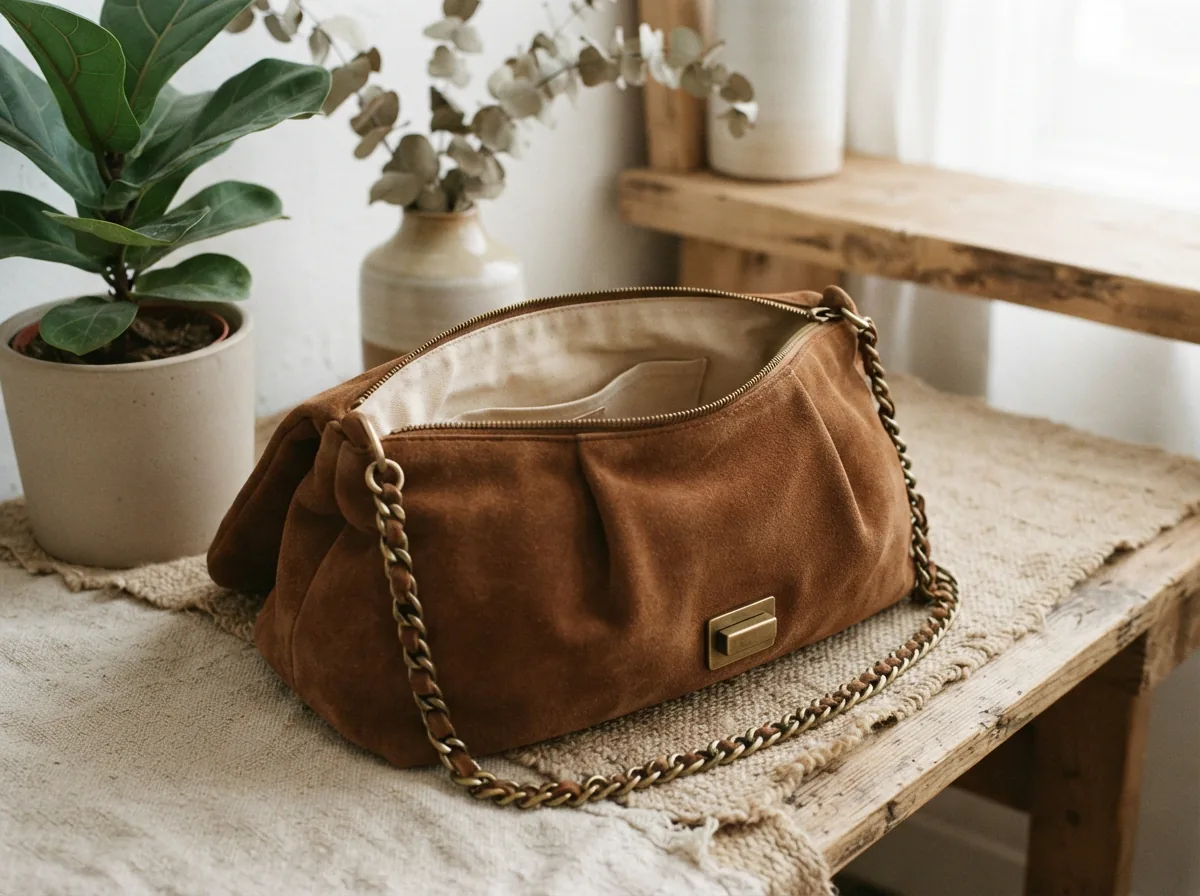 Pillow Brooklyn Shoulder Bag 34 in brown suede with sustainable features.