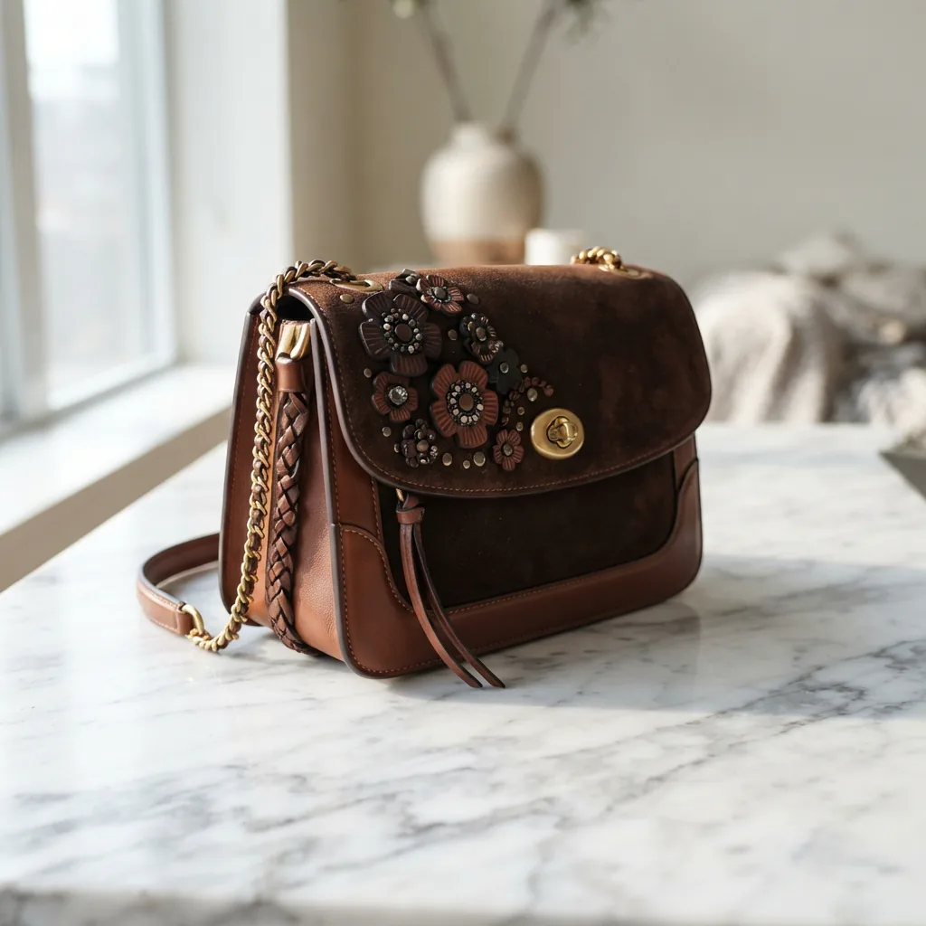 Coach Chelsea Shoulder Bag 30 featuring suede and leather with 3D embellishment in brown.