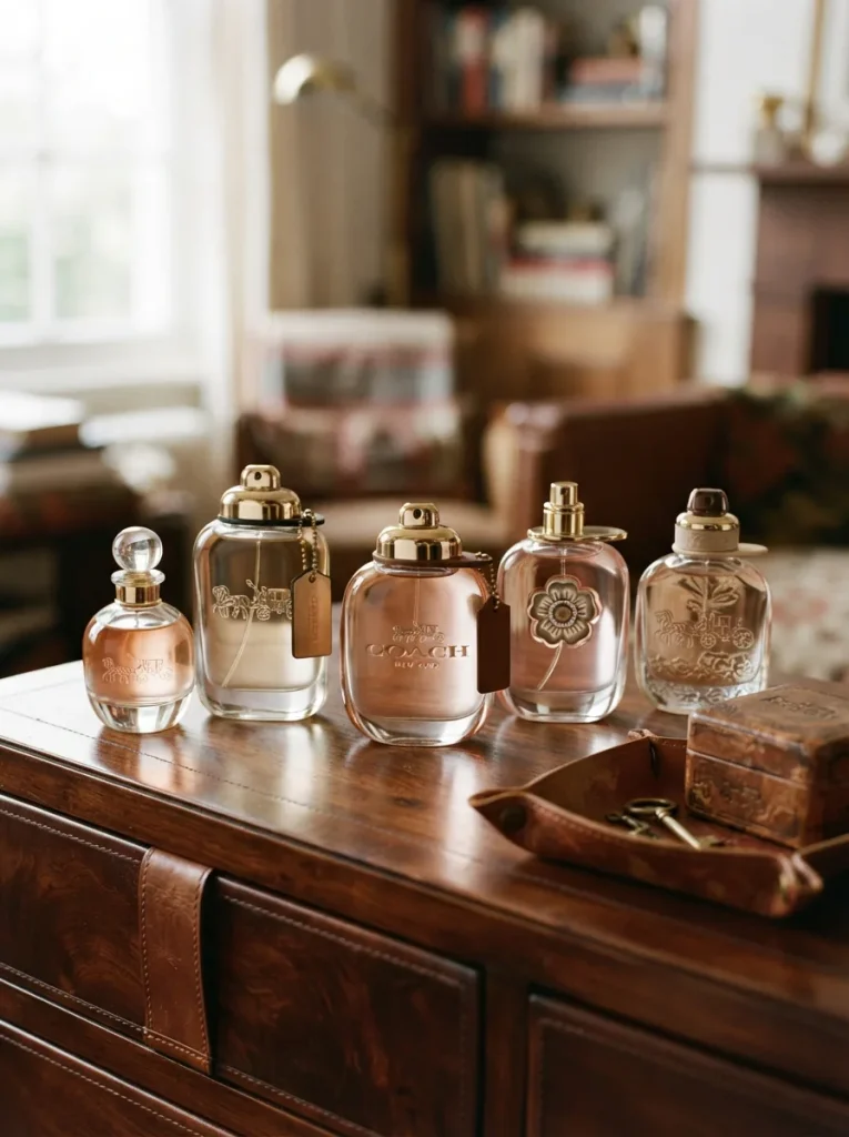Elegant display of Coach perfume bottles on a leather-lined vanity, showcasing sophisticated fragrance designs.