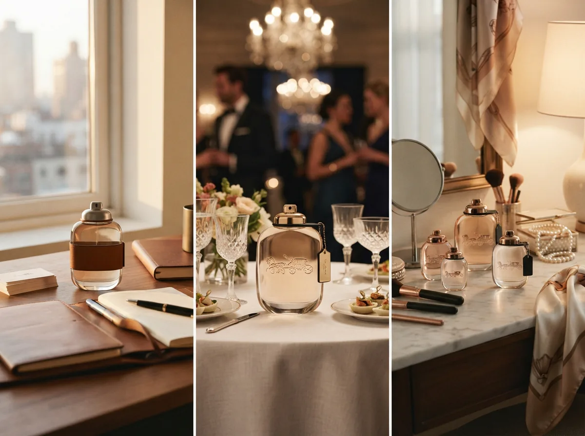 A versatile scene showing Coach perfume in various settings—office, party, and home—for overall category use-cases.