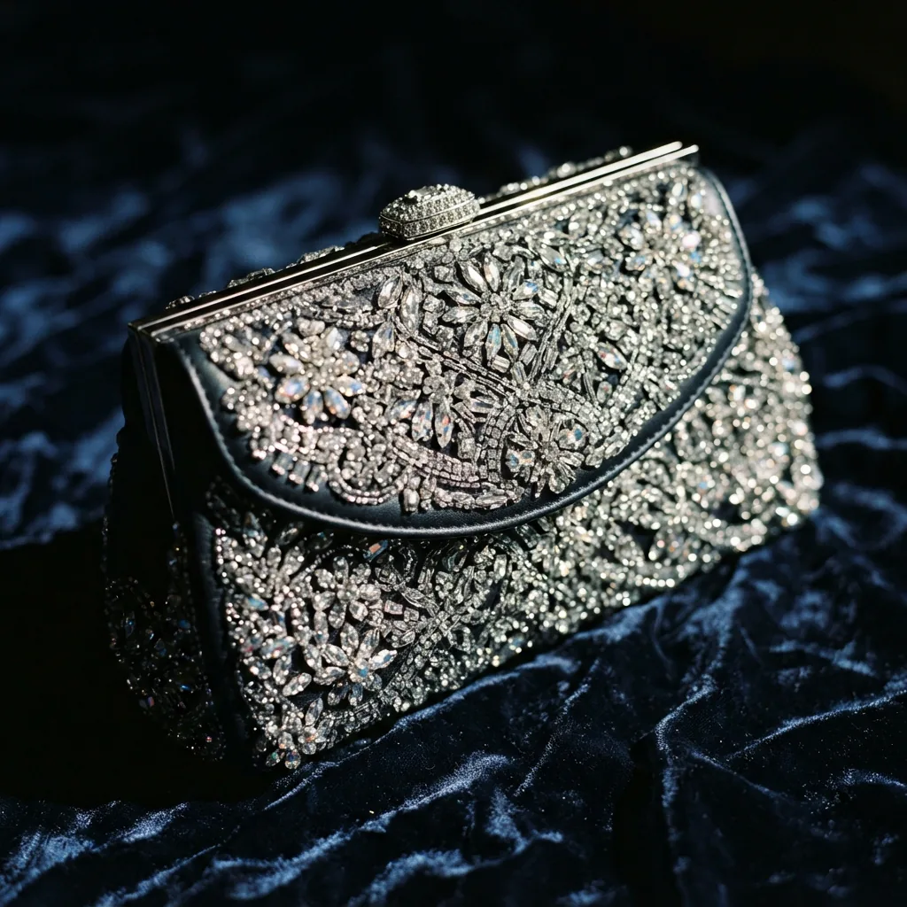 Coach Evening Crystal Clutch with intricate crystal design on a velvet surface.