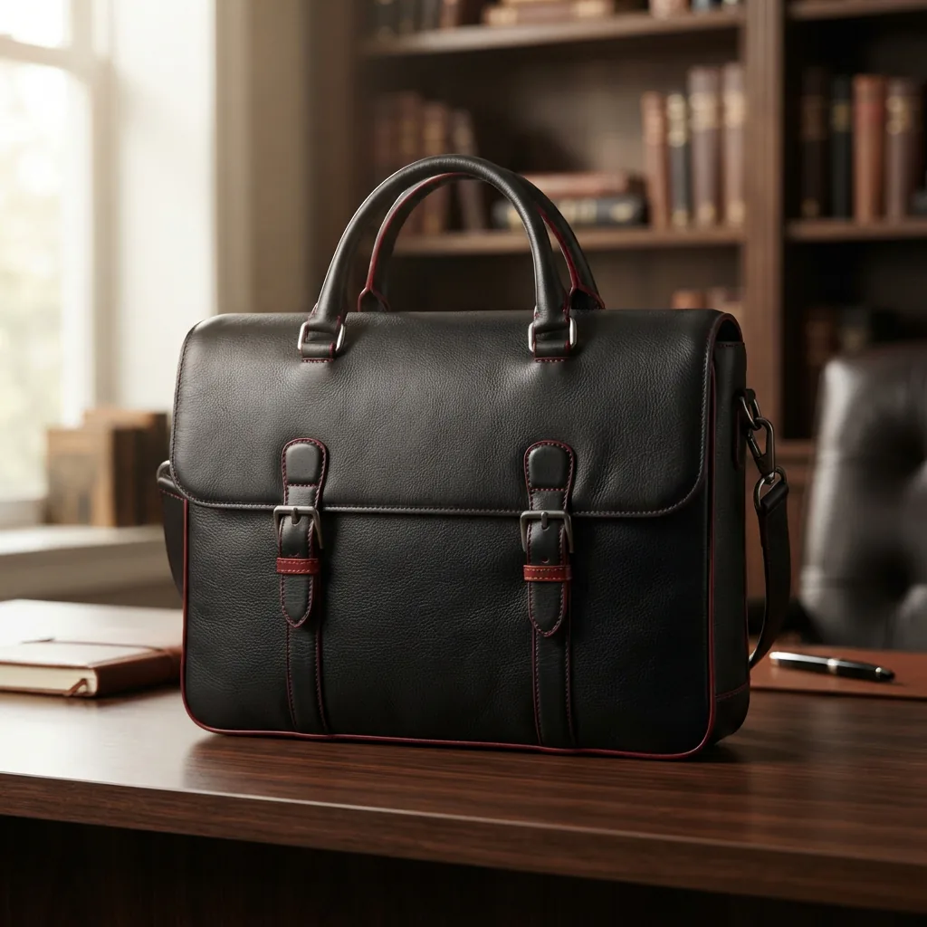 The black and red Coach professional briefcase in a formal setting, highlighting its luxurious leather, structured design, and color scheme.