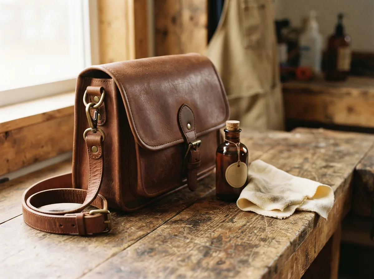 Coach shoulder bag with care products like leather conditioner.
