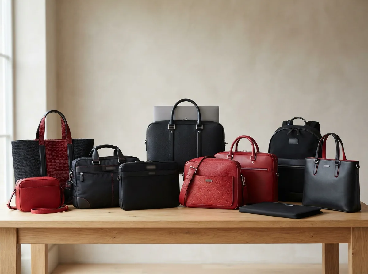An overview image showcasing the range of black and red Coach laptop bags, highlighting different styles and their unique features.