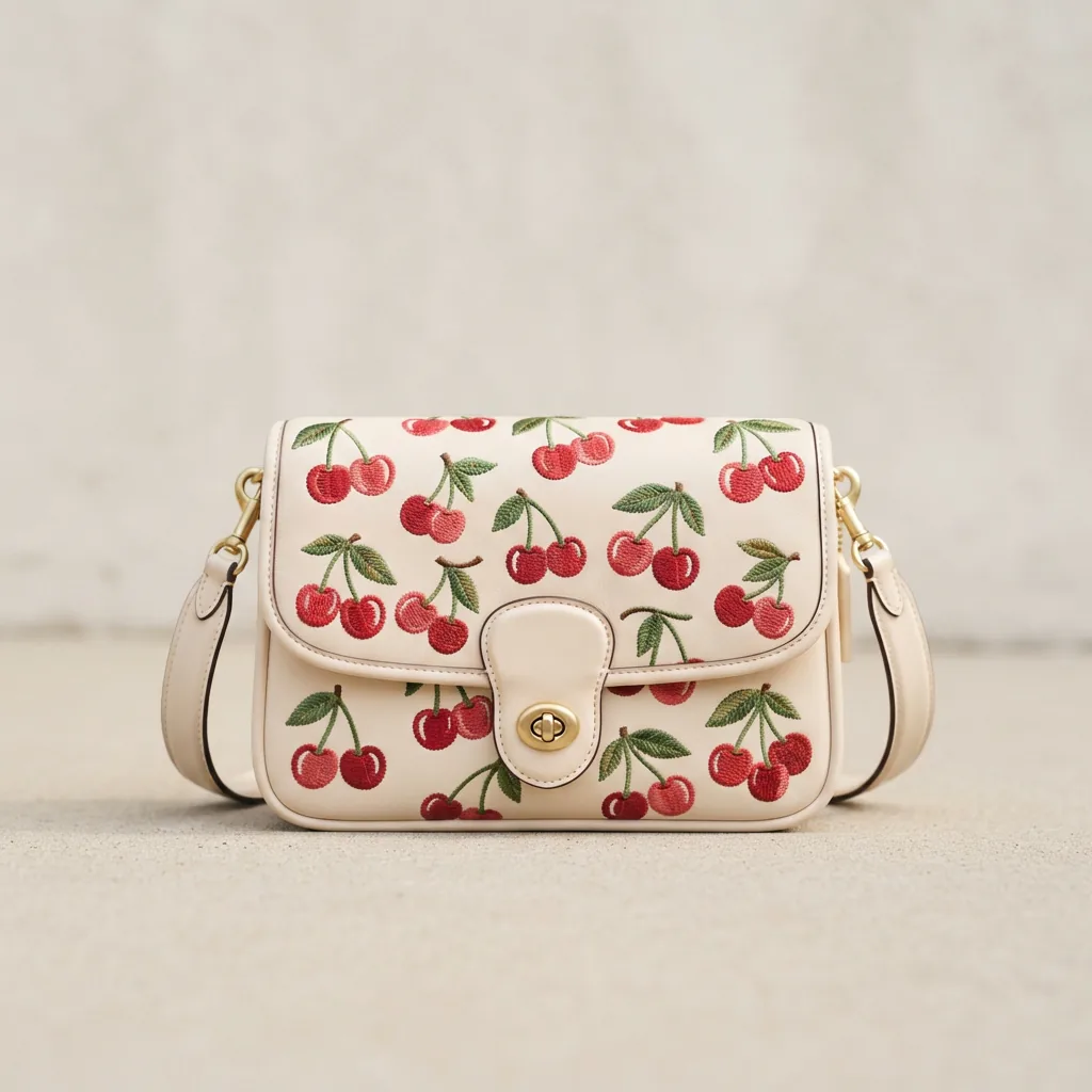 Coach Teri Shoulder Bag with cherry embroidery displayed prominently.