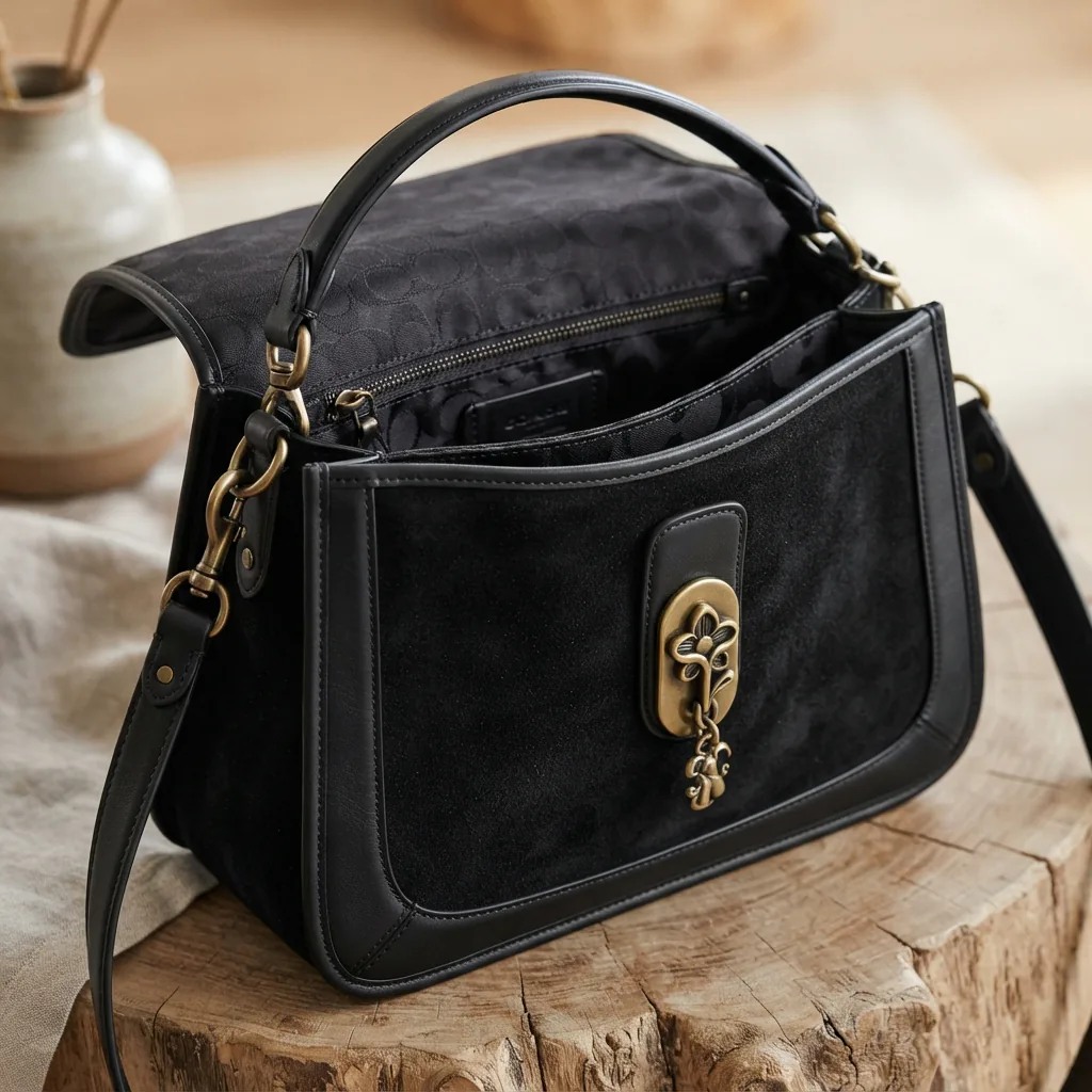 Chelsea Shoulder Bag 30 by Coach in black suede and leather with metal accents.