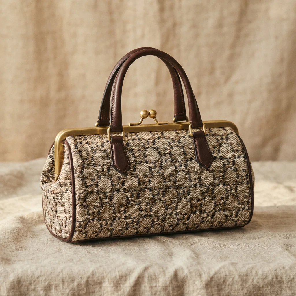 Coach Kisslock Barrel Bag 28 In Signature Jacquard in a casual context.