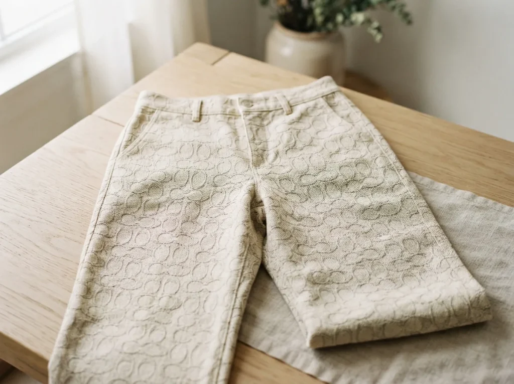 Detail shot of the Coach pants' C Loom weave and elastic waistband, emphasizing craftsmanship.
