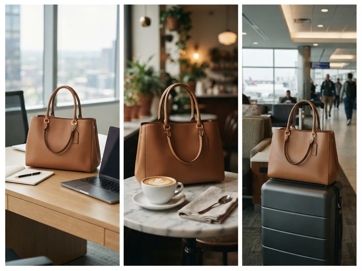 A montage showing a Coach bag used in different settings: a desk, a café table, and a travel setting.