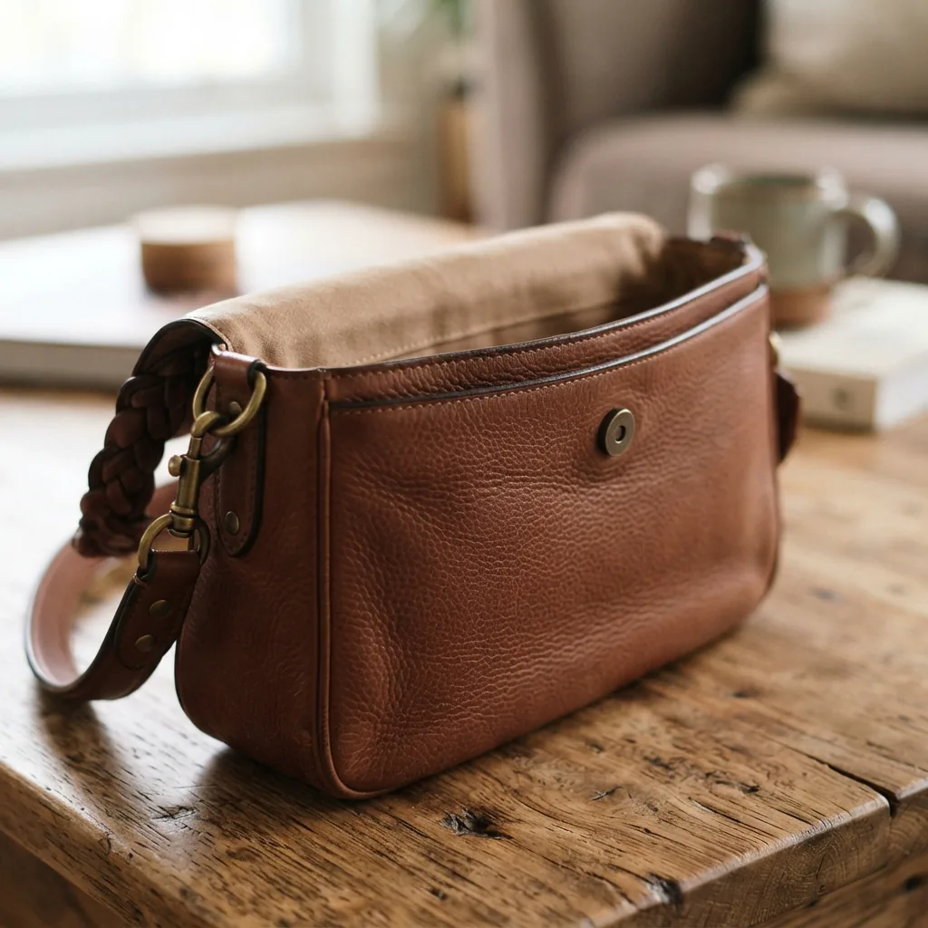 Coach Brooklyn Shoulder Bag 28 in brown leather with engraved details.
