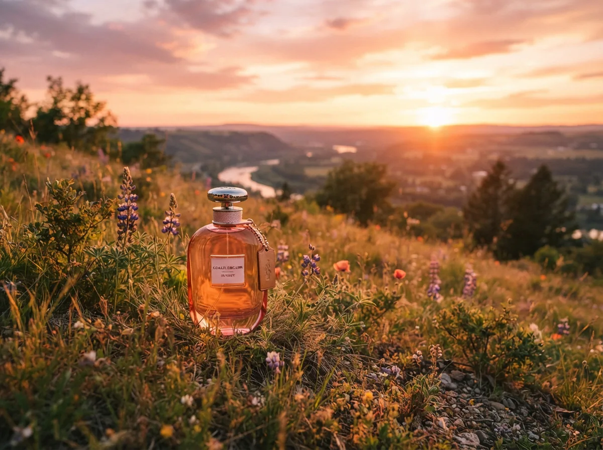Coach Dreams Sunset Eau de Parfum bottle with sunset hues on a scenic landscape background.