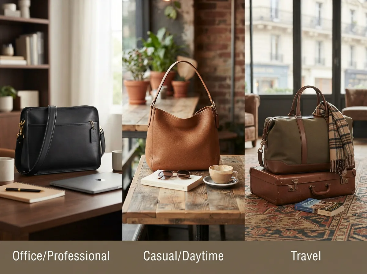 Coach shoulder bags in various use-case scenarios.