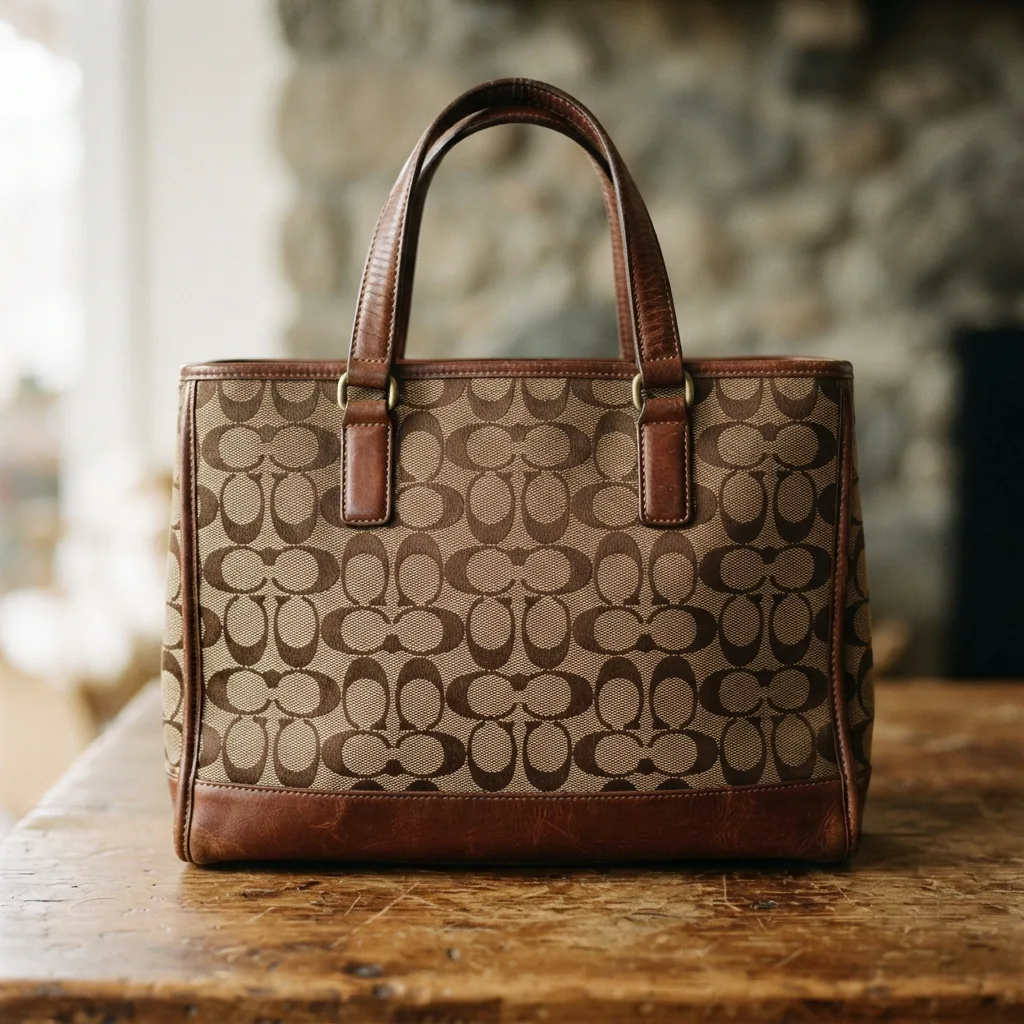 Vintage Coach Signature Tote in signature fabric, illustrating its spacious design and iconic style