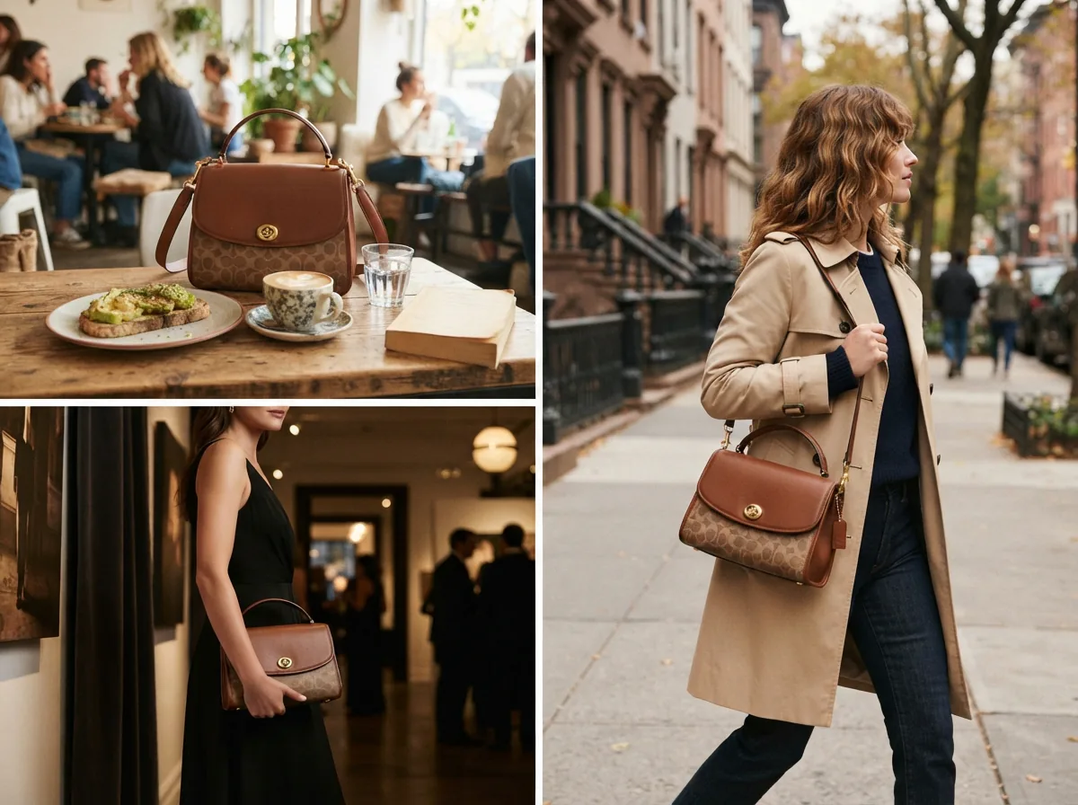 Coach Plaza Bag 18 shown in different settings like a cafe, street, and event.